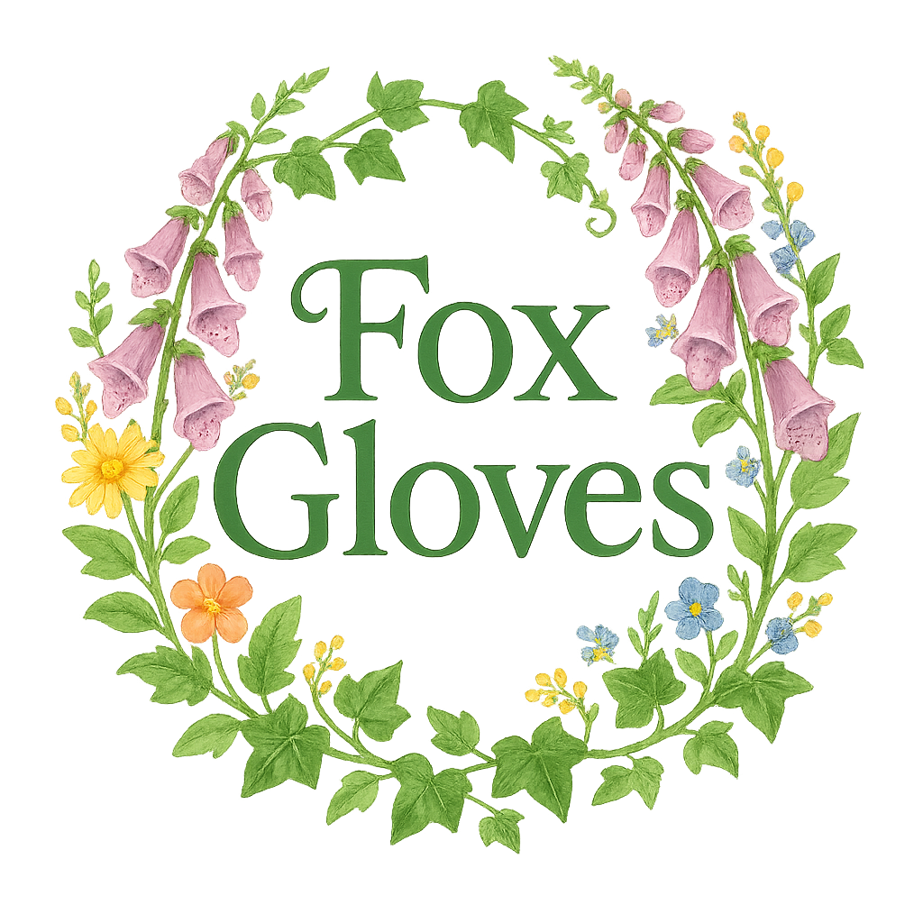 FoxGloves app logo – wreath of flowers around the text FoxGloves